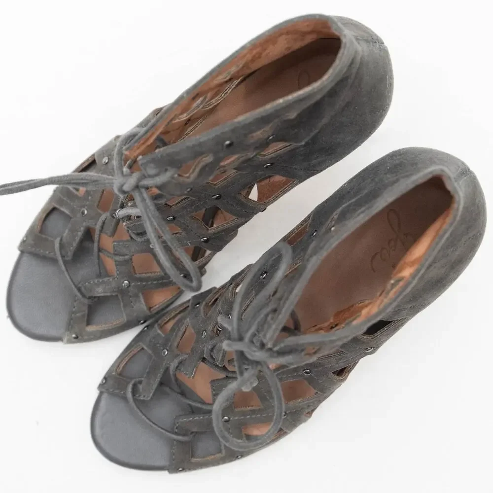 Joie Gray Sueded Cayla Studded Caged Lace Up Stiletto Heels Size 38 US 7.5
